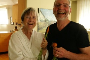 My mom and stepdad in Vancouver with a harvest of carrots. The ones on the right are ball carrots and can be grown in shallow boxes. (Check out the book: Square Foot Gardening)
