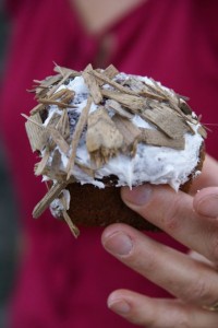 Cupcake decorated with wood chips. One little girl dropped it in the park, then Janet spotted her two-year old munching on it and took it away.