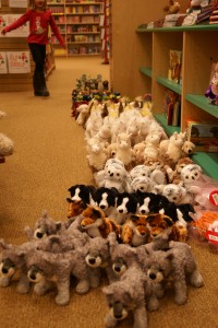 At Barnes and Nobles, Morgane lined up all the stuffed animals while I was updating my blog. Oops! The store employees were not too happy, but the customers thought it was cute!