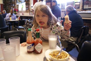 This is what Morgane thinks of hot sauce. Tabasco sauce is made not far from here.