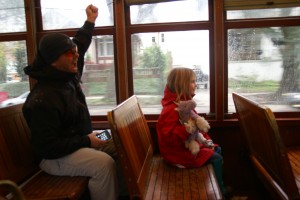 Ghis and Morgane riding the street car. 