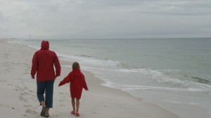 Morgane and I on the beach in our rain jackets.